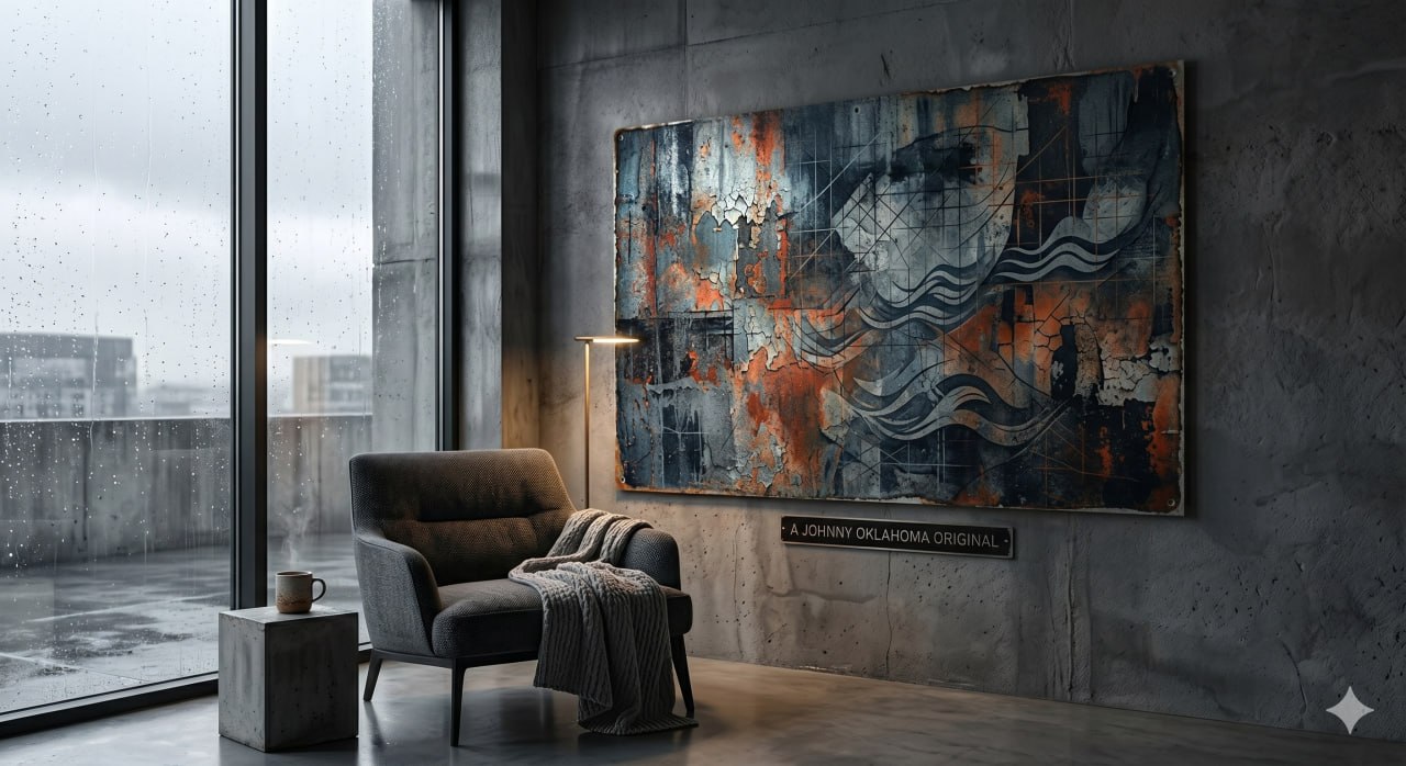 MIND-INK Kunstwerk auf Alu-Dibond in modernem Beton-Wohnzimmer